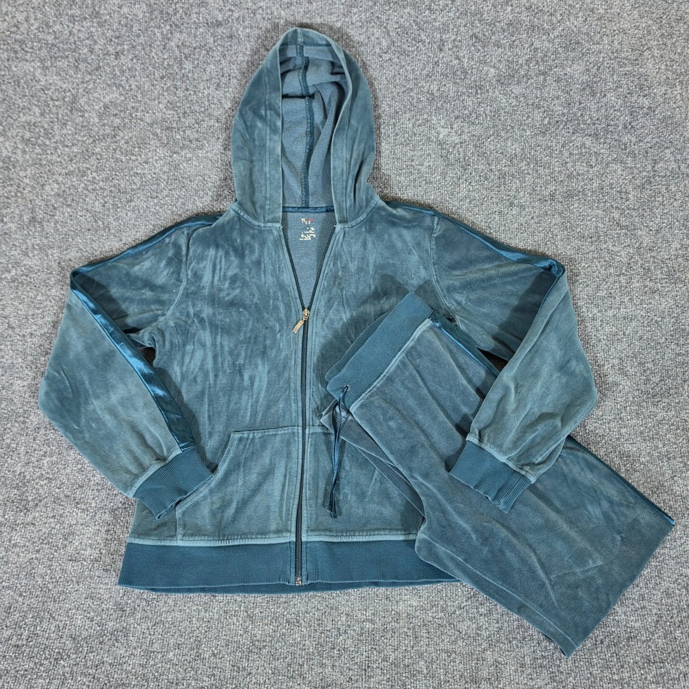 Y2K 2000s Womens Teal Velour Tracksuit Set Full Zip Hoodie Pants Size Medium